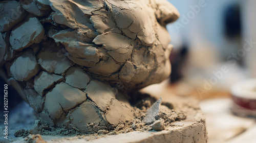 Detailed close-up of an abstract clay sculpture exhibiting intricate textures and cracked surfaces in a workshop.