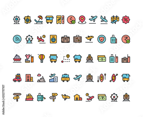 Travel and Tourism Flat Icon Set – Vacation, Transportation and Holiday Collection