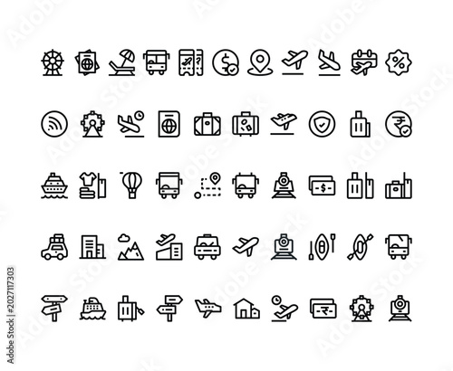 Travel and Tourism Flat Icon Set – Vacation, Transportation and Holiday Collection
