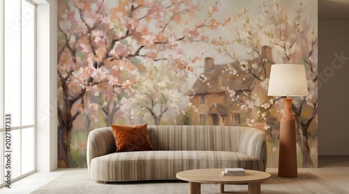 A living room with a large wall mural depicting a spring landscape with cherry blossom trees and a house, featuring a modern sofa and floor lamp.