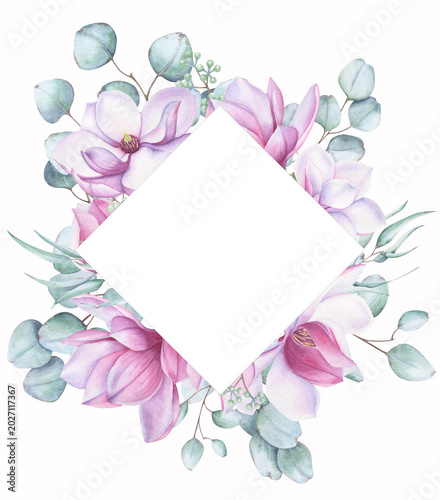 Beautiful watercolor flower frame with pink magnolia flowers and eucalyptus branches on a white background. Diamond-shaped frame for greeting cards.

