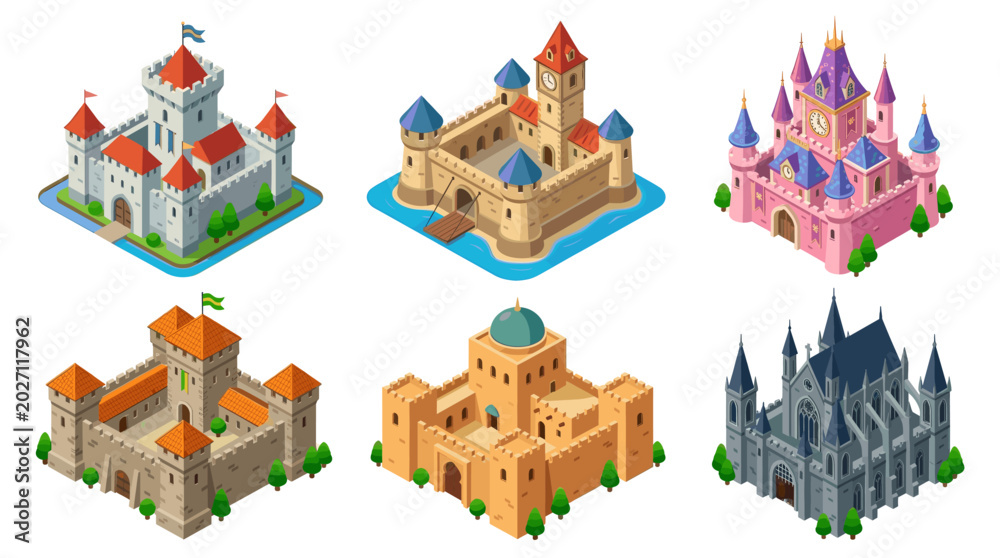 Obraz premium Fantasy Castles and Medieval Fortress Isometric Vector Illustration Set