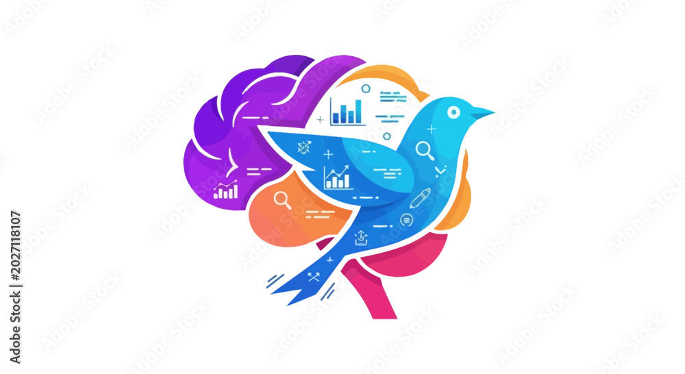 Obraz premium Abstract Bird Brain Concept with Data Analytics Icons