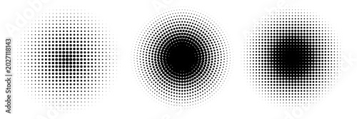 Halftone gradient circles collection. Dots textured round patterns. Cartoon comic radial faded background set. Abstract pixelated elements for frame  poster  collage  banner  flyer. Vector bundle