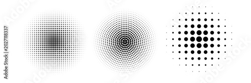 Halftone gradient circles collection. Dots textured round patterns. Cartoon comic radial faded background set. Abstract pixelated elements for frame  poster  collage  banner  flyer. Vector bundle