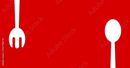 Animation of spoon and fork and red background copy space