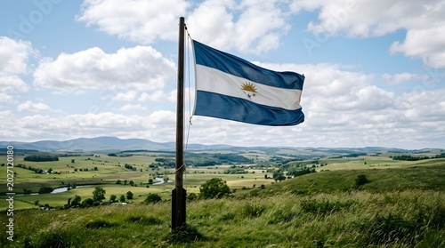 Argentine flag waving in a serene countryside landscape