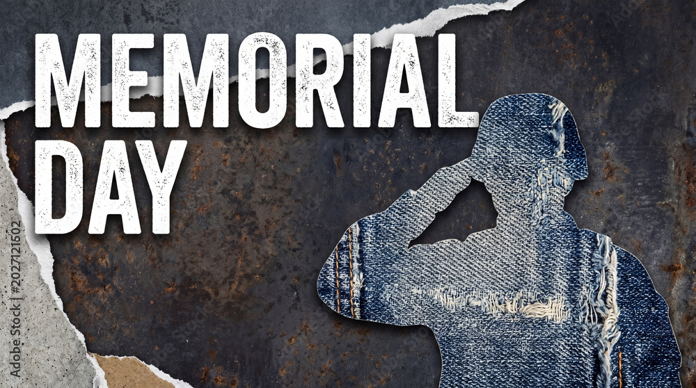Fototapeta premium Silhouette of soldier saluting on Memorial Day. Denim fabric collage representing military service and sacrifice. Grunge metal background texture. Patriotic tribute honoring fallen hero.