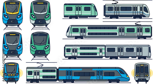 Bild auf Leinwand Modern Metro and Passenger Train Vector Set Featuring High Speed Rail Locomotive