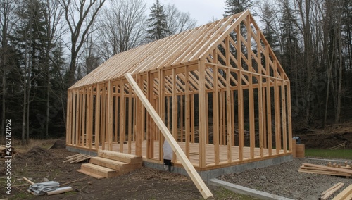 Wooden House Skeleton Under Construction Early Development Phase, Outdoor Setting