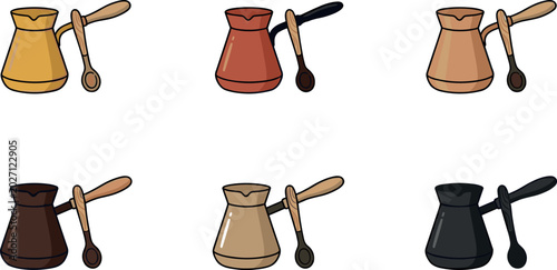 Bild auf Leinwand Turkish Coffee Pot and Cezve Icon Set with Traditional Arabic Beverage Maker and