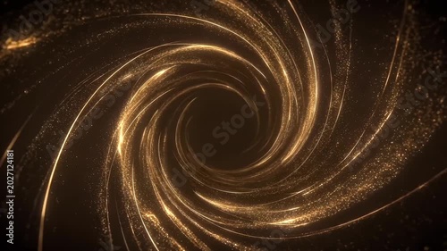 Abstract golden particle spiral swirl on black background