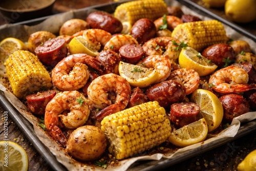 Classic southern shrimp boil with sweet corn seasoned potatoes sausage and lemons
