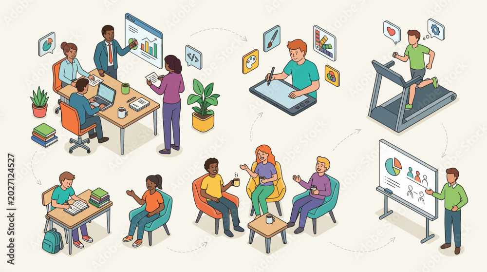 Fototapeta premium Diverse Urban People and Daily Life Isometric Vector Illustration Set