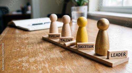 Wooden figurines labeled pipeline talent successor and leader on office desk symbolizing career progression