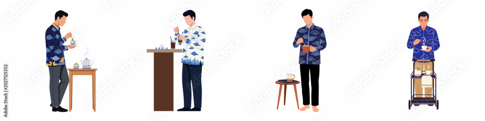 Obraz premium Set of illustrations featuring men in traditional Indonesian Megamendung batik shirts enjoying tea and coffee in various everyday scenarios.
