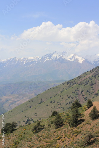A view of snow-capped mountains in Uzbekistan in spring