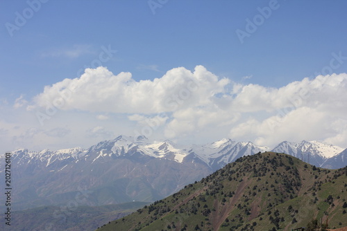 A view of snow-capped mountains in Uzbekistan in spring
