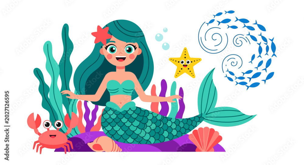 Fototapeta premium A vibrant cartoon illustration of a cheerful mermaid surrounded by various colorful sea creatures and underwater plants, set against a clean white background.