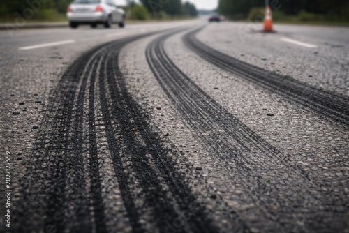 Car tire rubber marks on worn asphalt after abrupt braking