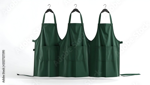 Three green aprons hanging against a white backdrop, each with a pocket