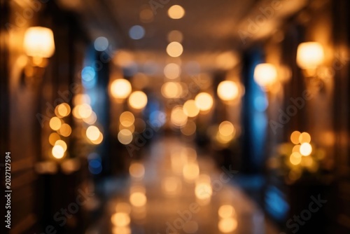 Blurred bokeh light effect with warm blue and gold soft orbs in a cinematic upscale hotel corridor background