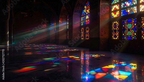 Cathedral interior with stained glass windows casting colorful light patterns