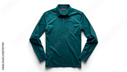 Emerald collared shirt, flat-lay, button-down, long sleeves, on white