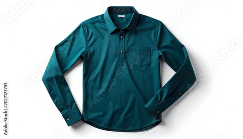 Teal collared shirt, long sleeve, buttoned cuffs and chest pocket, on white