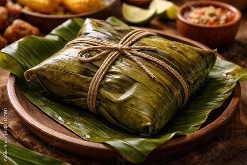 Native Colombian tamale wrapped with vibrant banana leaves