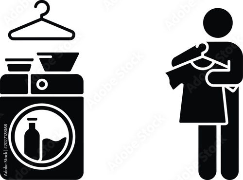Person selecting clothes from a laundry drying rack with bottle icon
