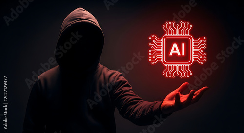 Anonymous hacker using artificial intelligence technology in dark cybersecurity setting with neon glow