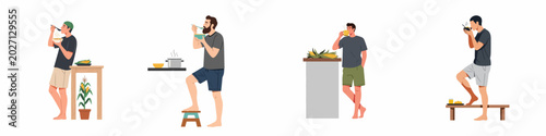 Εκτύπωση καμβά Set of men in casual attire eating soup and drinking healthy beverages, flat vector illustration characters isolated on a white background