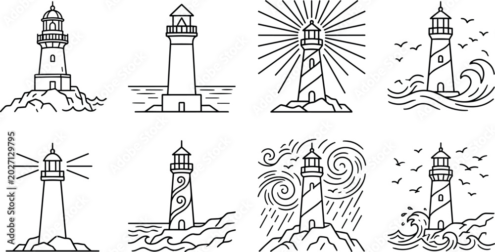 Fototapeta premium Vintage Lighthouse Outline Icon Set with Coastal Beacon Towers Ocean Waves and Maritime Navigation Vector Illustrations