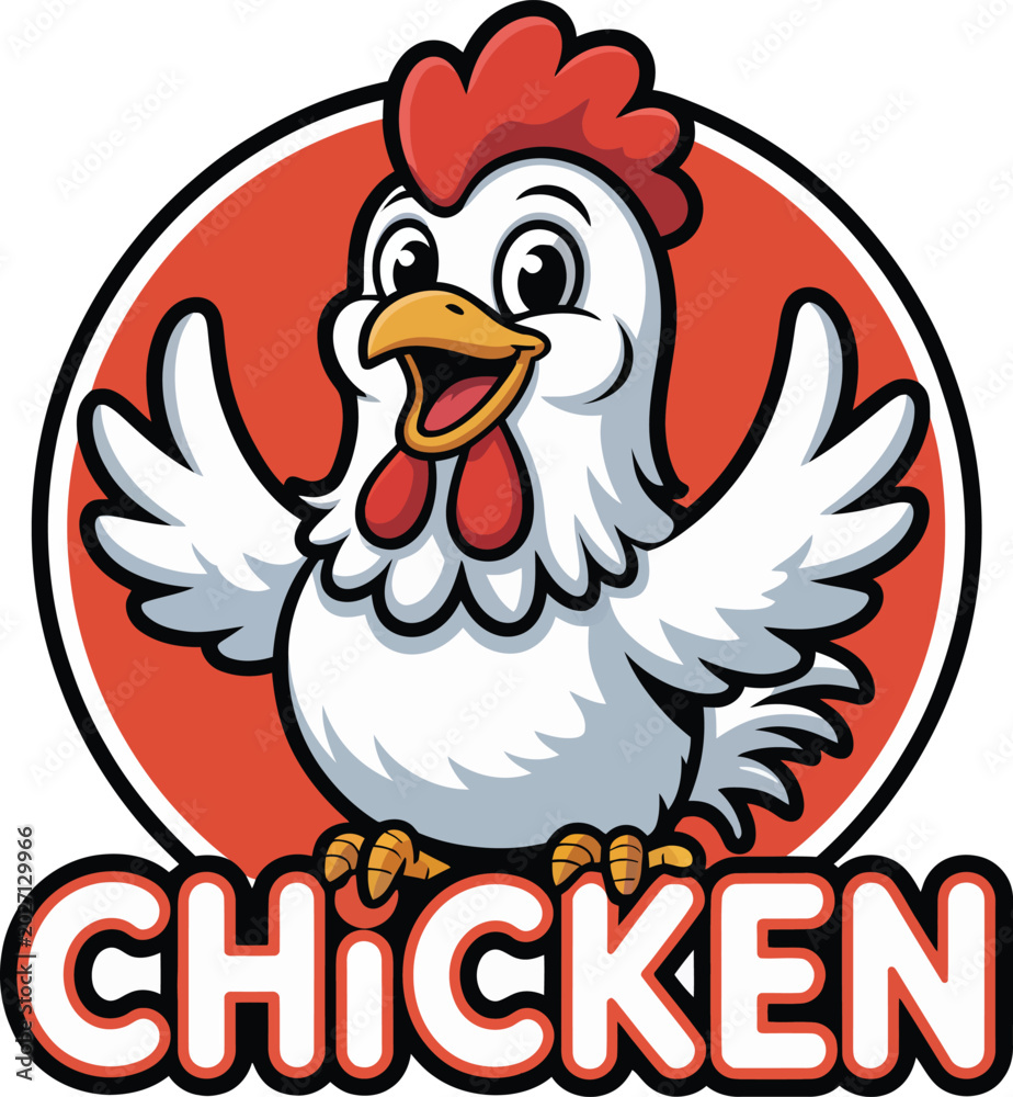 Fototapeta premium Cartoon chicken mascot logo with cheerful expression and outstretched wings on a circular background