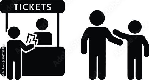 People buying tickets and greeting at counter