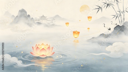 Chinese zhongyuan Festival greetings for river lanterns and kung Ming lanterns
