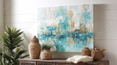 Abstract painting with blue and gold tones