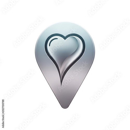 Silver location pin icon with heart, indicating a cherished location