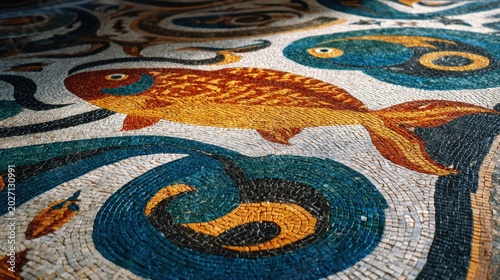 Ancient mosaic fish pattern detail