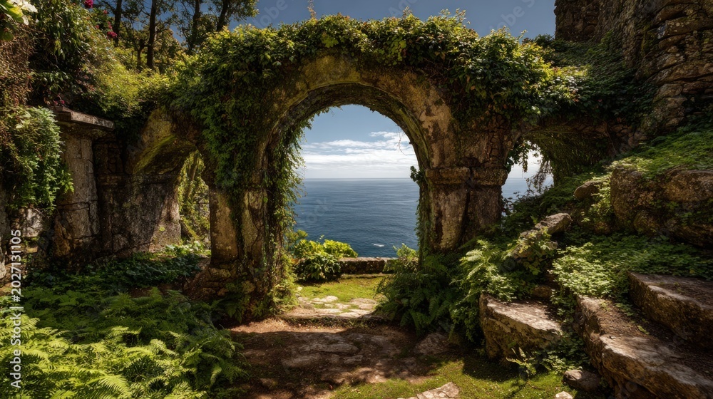 Fototapeta premium Ancient stone archway overlooking ocean view