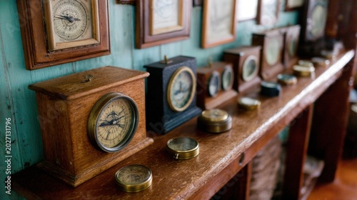Antique clocks collection on wooden surface