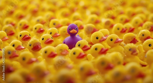 A single purple toy duck standing out among numerous yellow ducks highlighting uniqueness and individuality