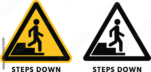 Warning sign steps down pedestrian crossing icon