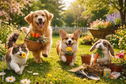 Joyful pets hopping and gardening on a green grass lawn during a warm spring day
