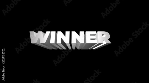 White volumetric lettering Winner 3D text animation on black background