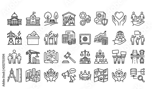 Cuadro en lienzo Public Governance Outline Icon Collection with Government Community and Public S