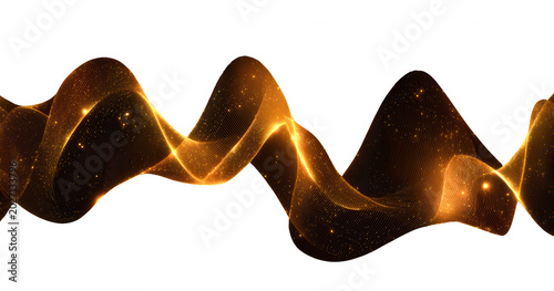 Onde dorée abstraite avec particules scintillantes et lumière rougeoyante créant un effet visuel élégant