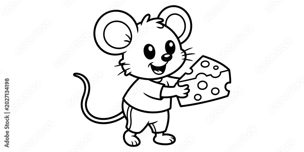 Fototapeta premium Cute cartoon mouse holding a piece of cheese for kids coloring page Vector, illustration