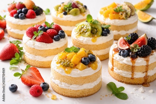 Collection of fruit sponge cakes displaying multiple toppings on white background perfect for dessert sales
